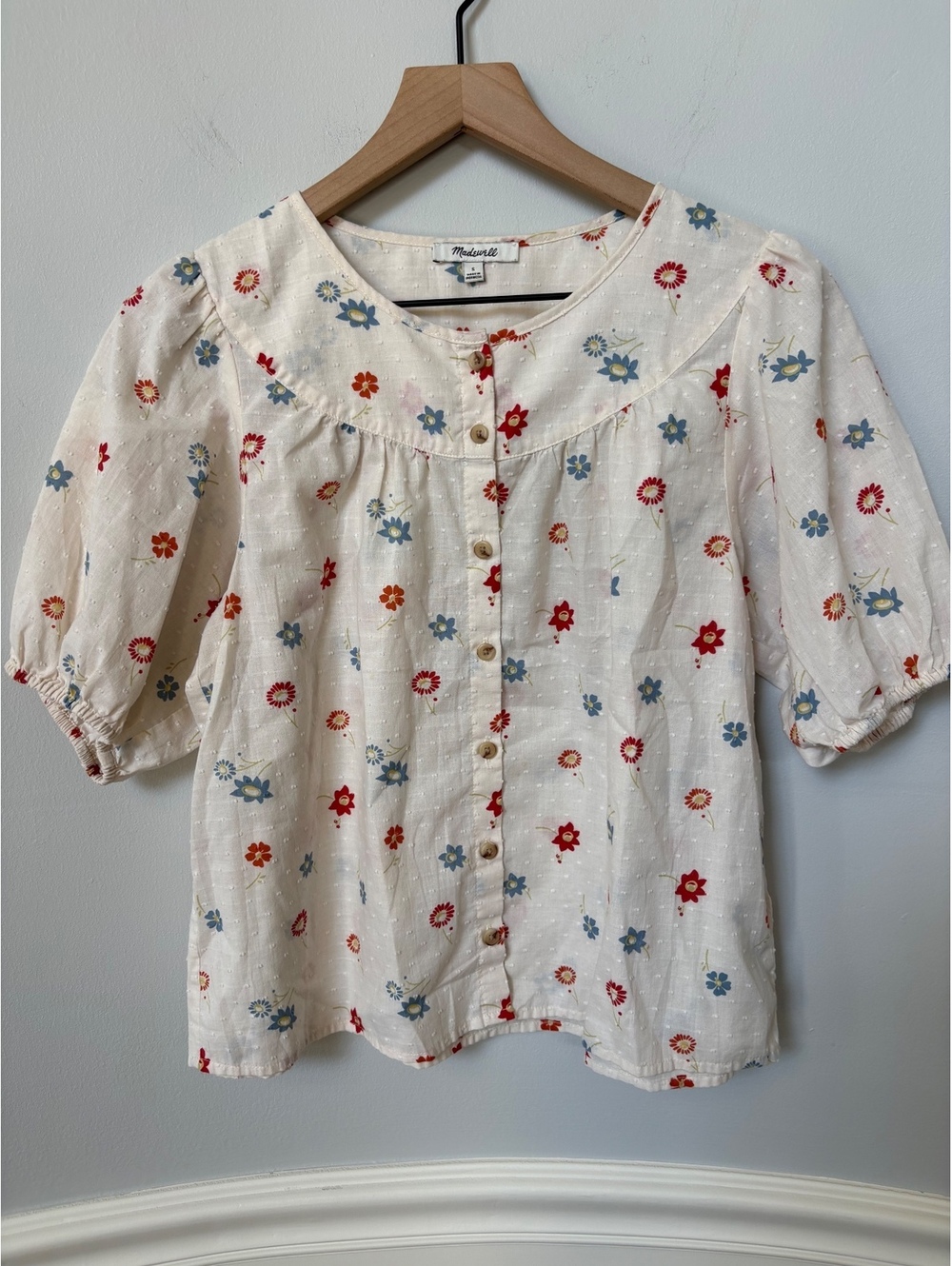 Madewell White Embroidered Puff Sleeve Floral Cotton Blouse Top - Size S